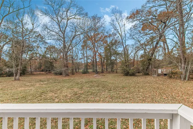 a view of a yard with large trees