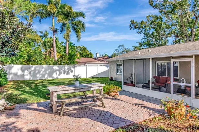 a view of a backyard with table and chairs potted plants and a palm tree