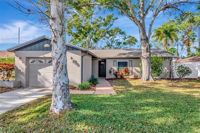 a view of a house with backyard and a tree