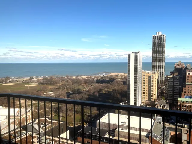 a city view with tall buildings
