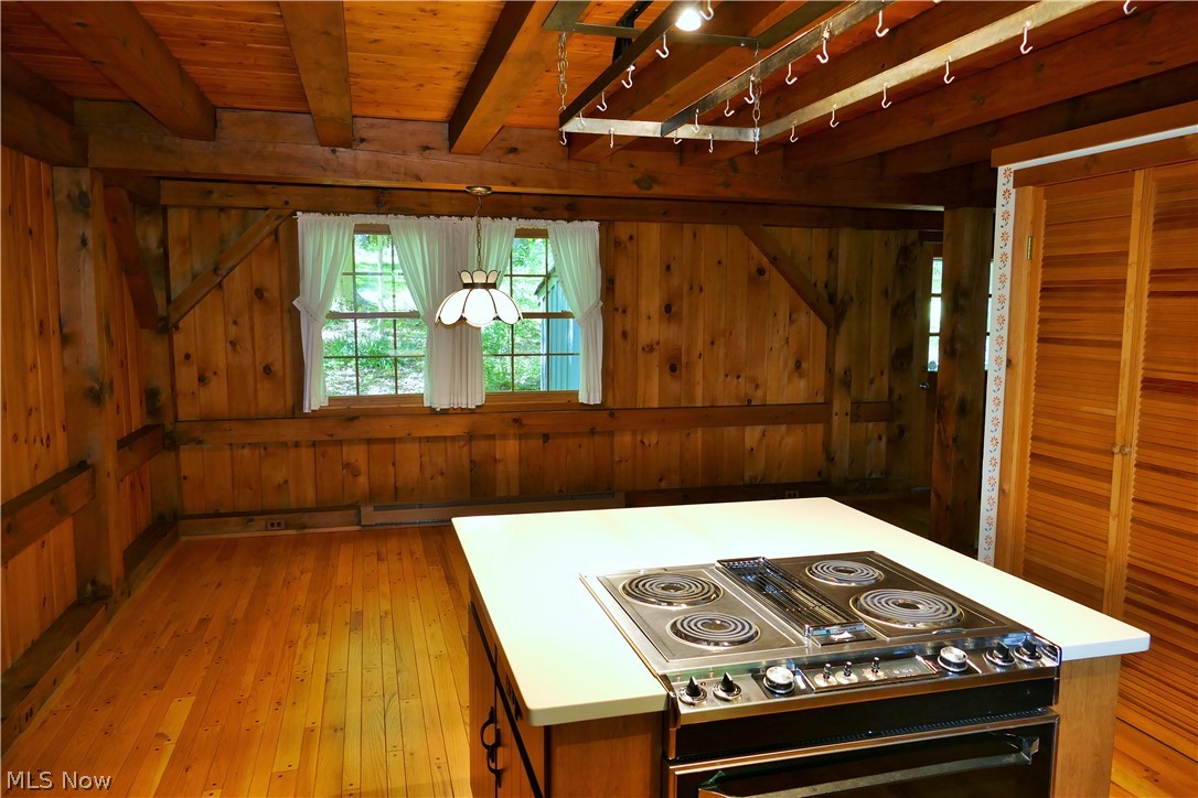 17340 Huntley Road Huntsburg, OH 44046 - Photo 8 of 24 Kitchen featuring wood ceiling, light hardwood / wood-style flooring, stove, and wooden walls