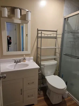 a bathroom with a sink toilet and mirror