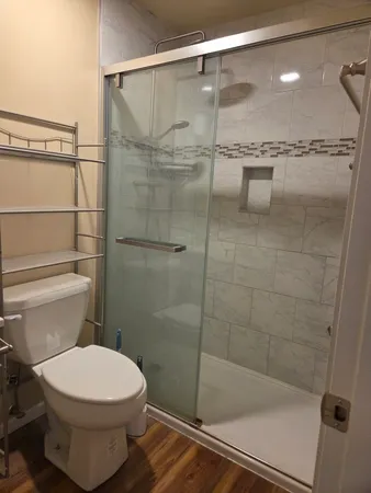 a bathroom with a toilet and a shower