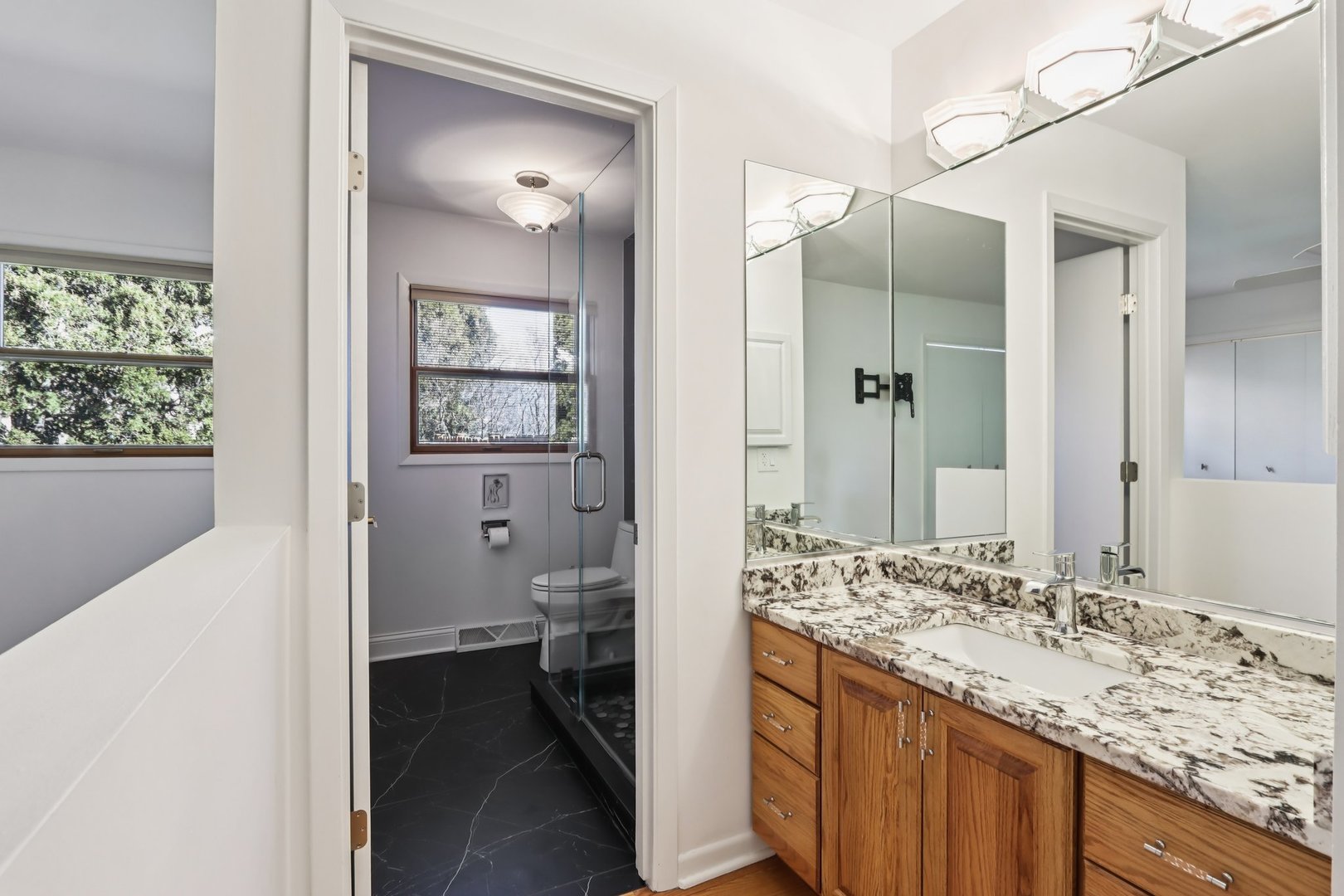 2019 East Avon Lane Arlington Heights, IL 60004 - Photo 20 of 58 a en suite bathroom with a granite countertop sink mirror and a shower
