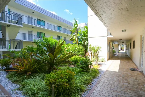 a view of a building with potted plants