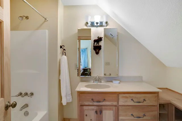 a bathroom with a sink vanity and a mirror