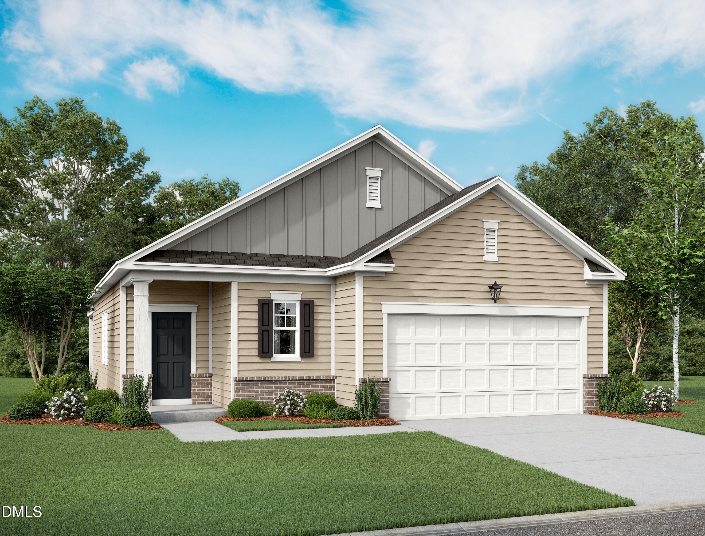 a front view of a house with a garden and yard