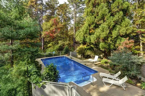 a view of a backyard with plants and a patio