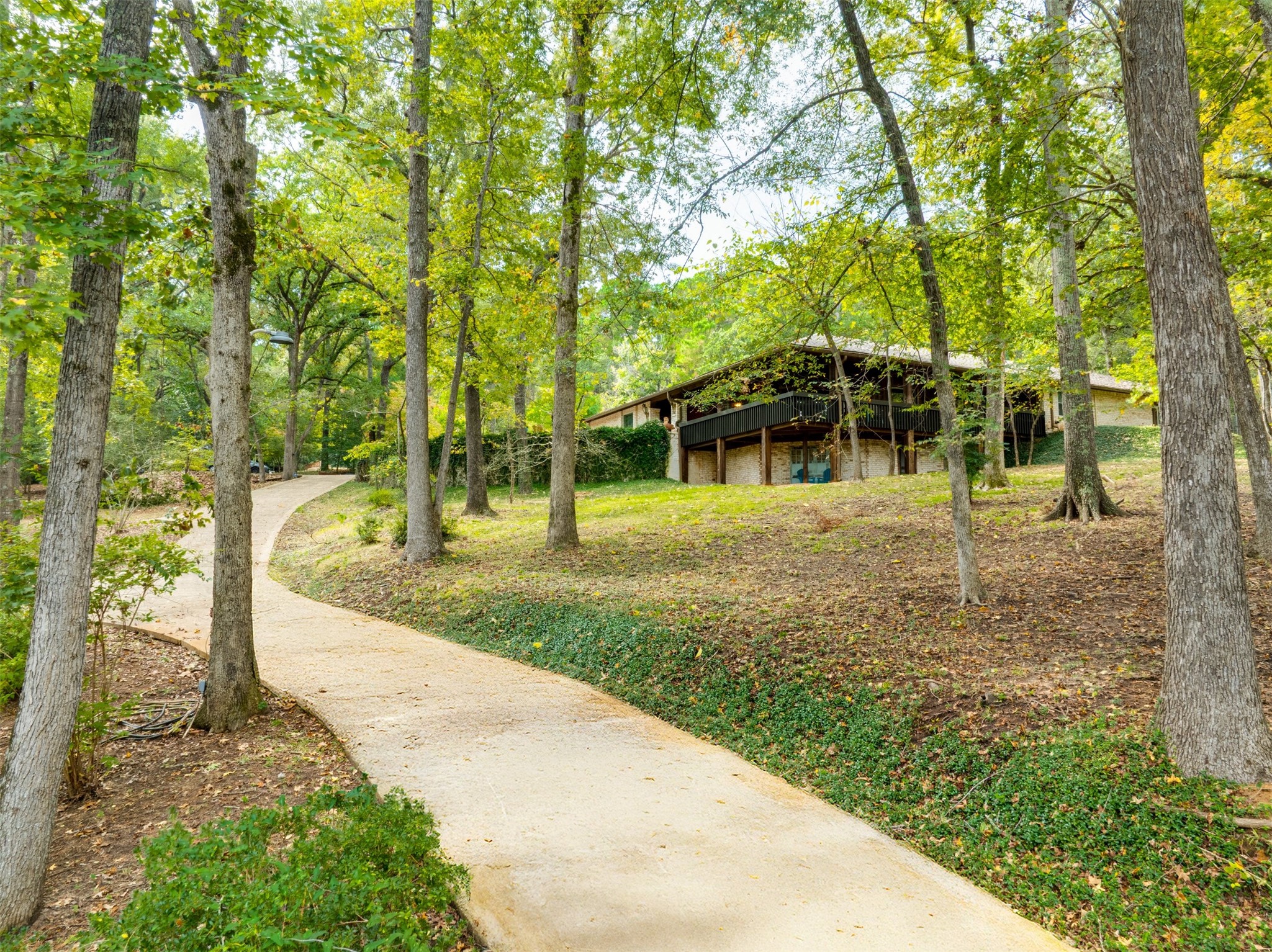 a view of a house with backyard and trees