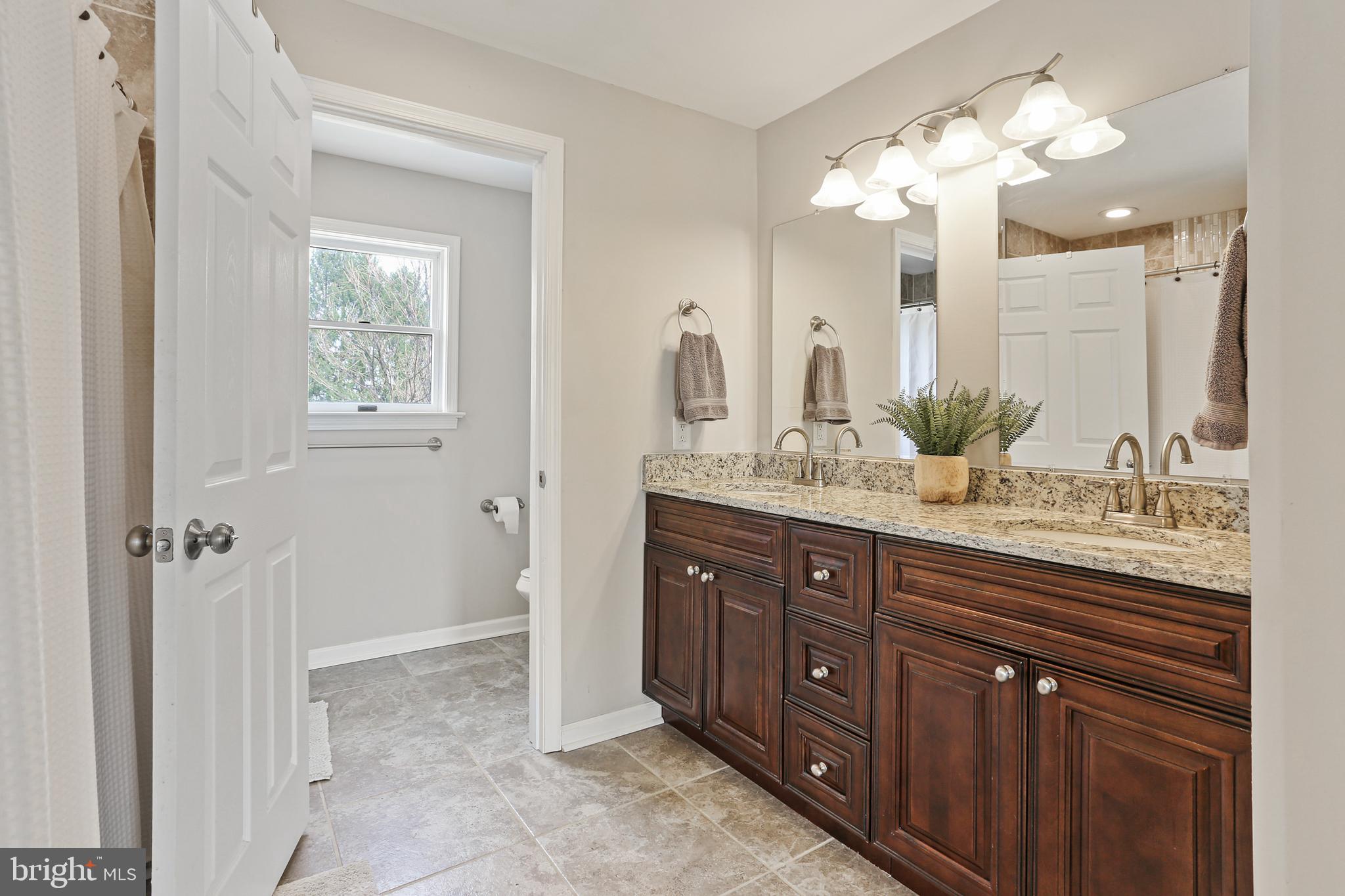 3234 Bidle Road Middletown, MD 21769 - Photo 21 of 45 a bathroom with a granite countertop sink a mirror and a shower