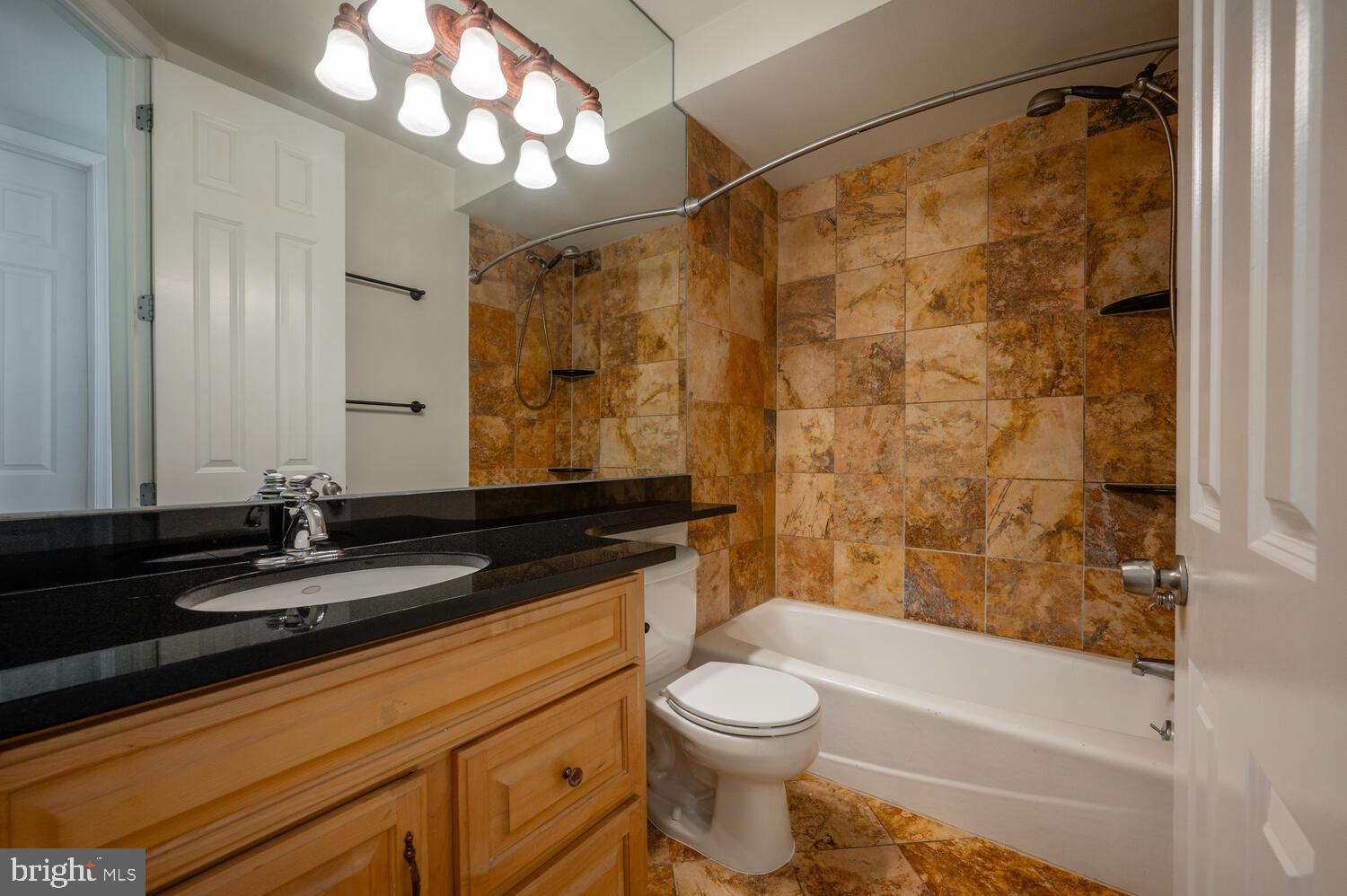 613 14th Place Northeast Washington, DC 20002 - Photo 11 of 31 a bathroom with a granite countertop sink a toilet a mirror and shower