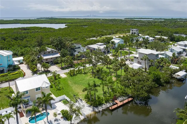 an aerial view of residential houses with outdoor space and trees