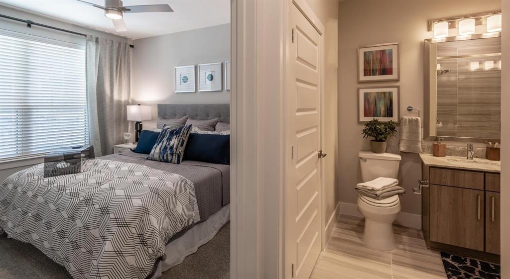 3100 Kramer Lane, Unit 546 Austin, TX 78758 - Photo 2 of 16 a bedroom with a bed and a view of bathroom