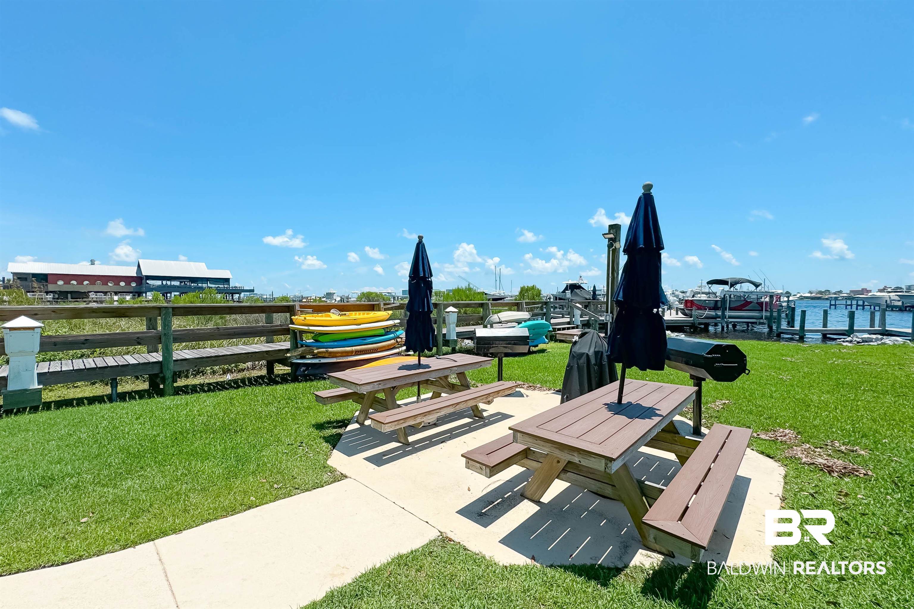 27282 Canal Road, Unit 110 Orange Beach, AL 36561 - Photo 53 of 62 View of home's community with a boat dock, boat lift, and a lawn
