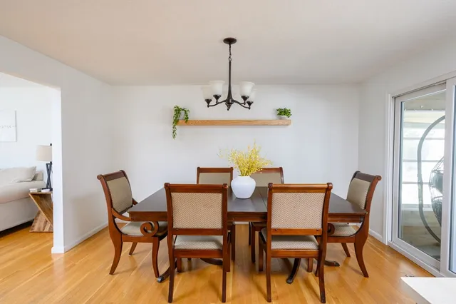 a view of a dining room with furniture window and wooden floor
