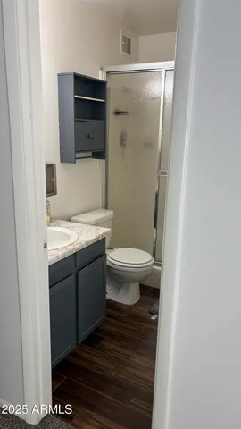 a bathroom with a sink a toilet and shower