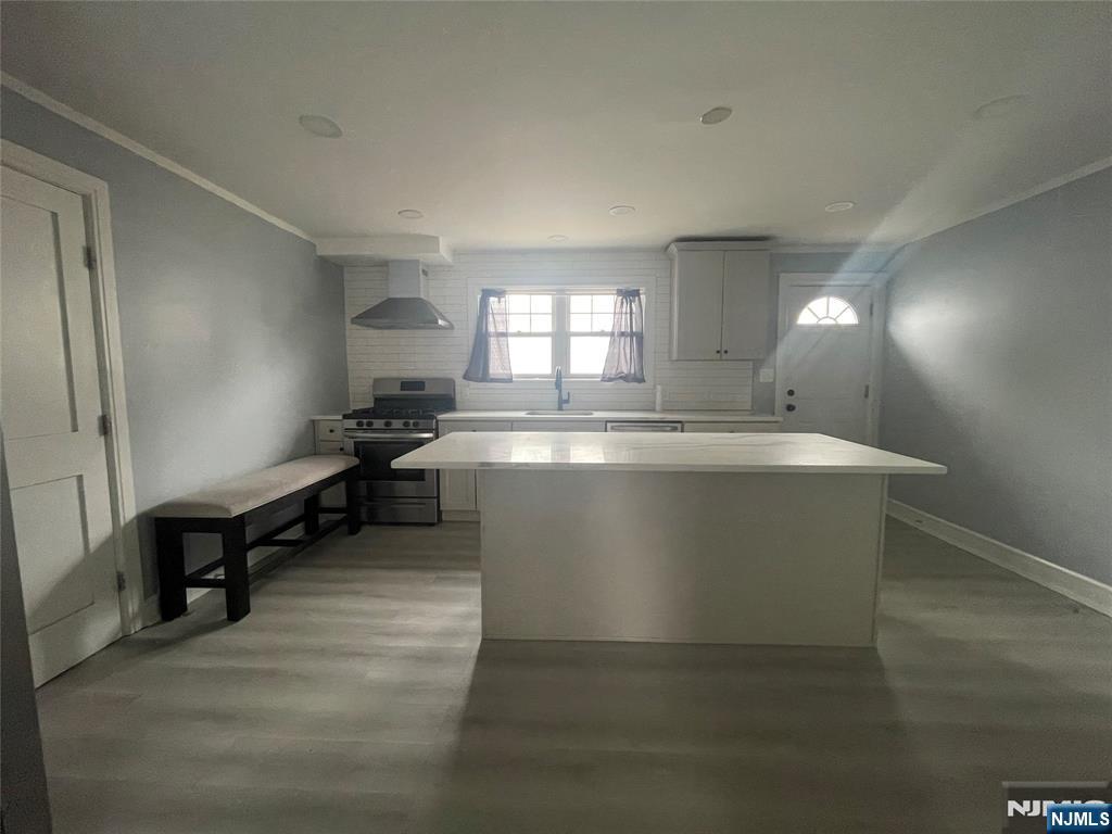 35 Chestnut Street, Unit 1F Wallington, NJ 07057 - Photo 6 of 9 a large white kitchen with kitchen island granite countertop a sink a stove and a refrigerator