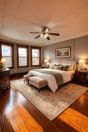 a bedroom with a large bed a chandelier and window