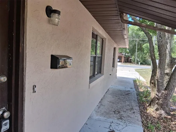 a view of a patio with a tv
