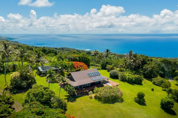 an aerial view of a house with garden