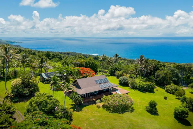 an aerial view of a house with garden