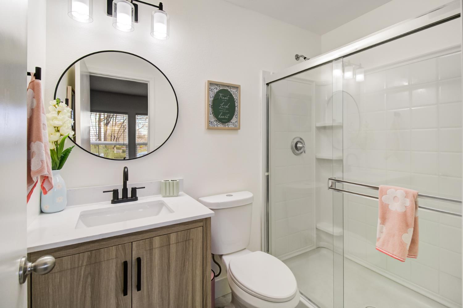 10890 Disk Drive Rancho Cordova, CA 95670 - Photo 34 of 43 a bathroom with a sink a mirror a toilet and shower