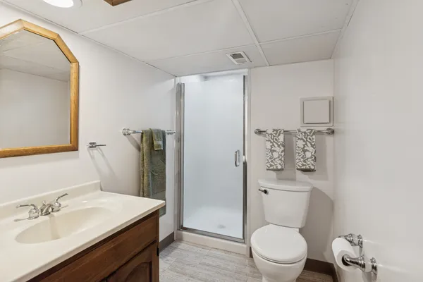 a bathroom with a sink a toilet and shower