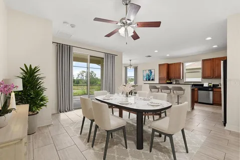 a view of a dining room with furniture window and outside view