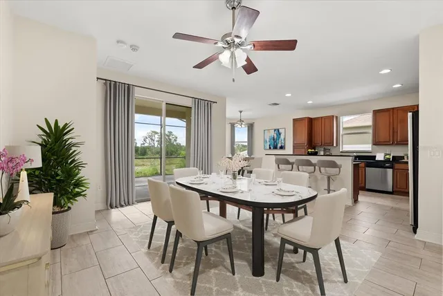 a view of a dining room with furniture window and outside view