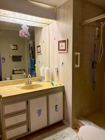 a bathroom with a sink double vanity and a mirror