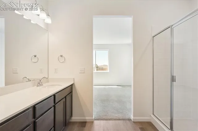 a bathroom with a double vanity sink a mirror and shower