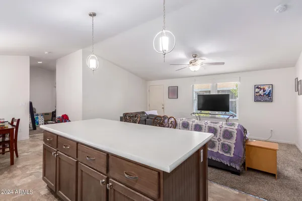 a view of a dining room with furniture