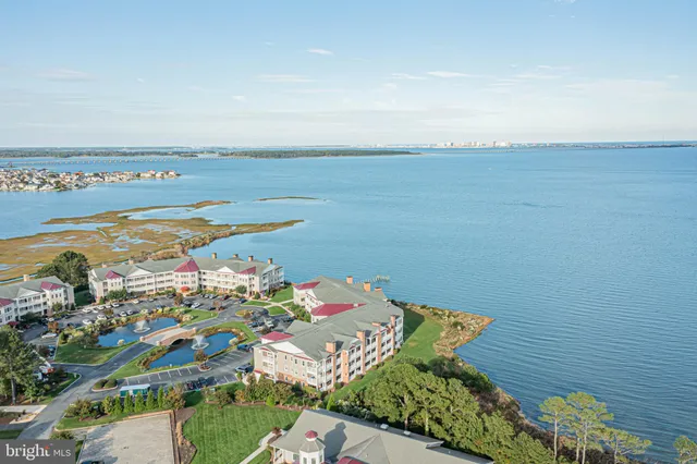 an aerial view of residential building and lake view in back
