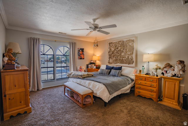 980 Cactus Circle St. George, UT 84790 - Photo 43 of 77 Carpeted bedroom featuring a ceiling fan, crown molding, and a textured ceiling