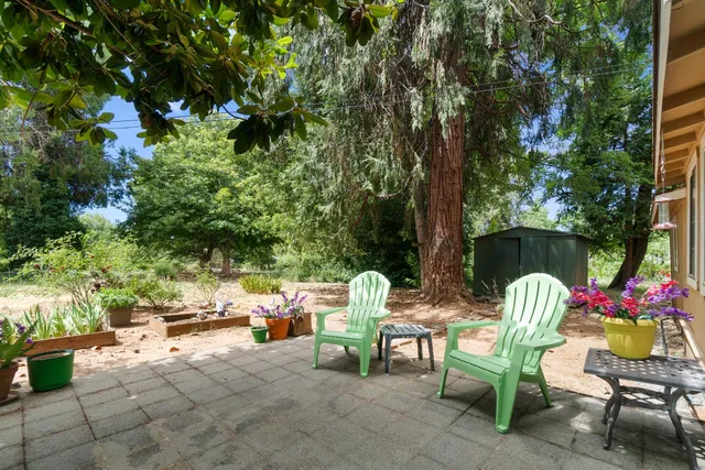 a view of backyard with outdoor seating and trees