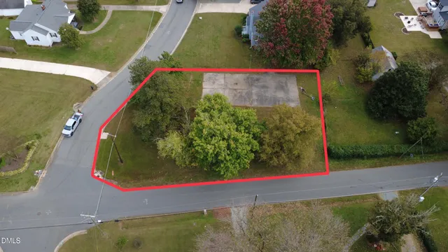 an aerial view of a swimming pool