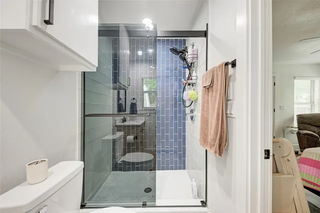 a bathroom with a shower and toilet