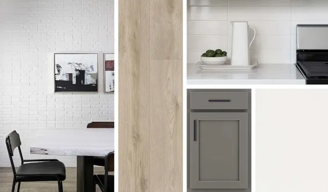 a hallway with painting and a potted plant on table