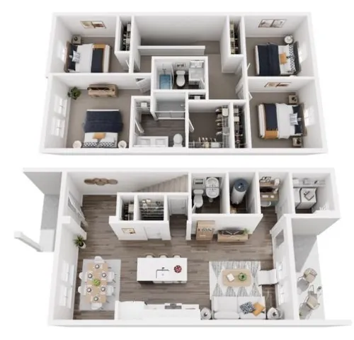 a living room with furniture and a kitchen view