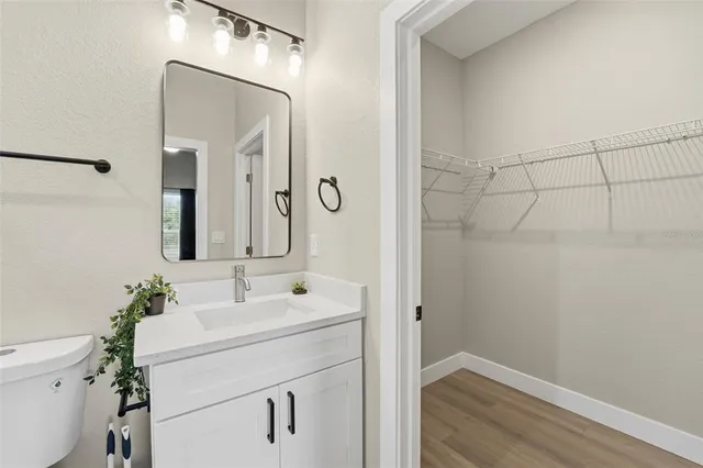 a bathroom with a sink vanity and a mirror