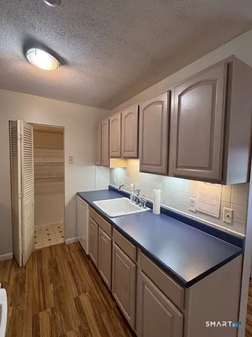 a kitchen with a sink cabinets and wooden floor