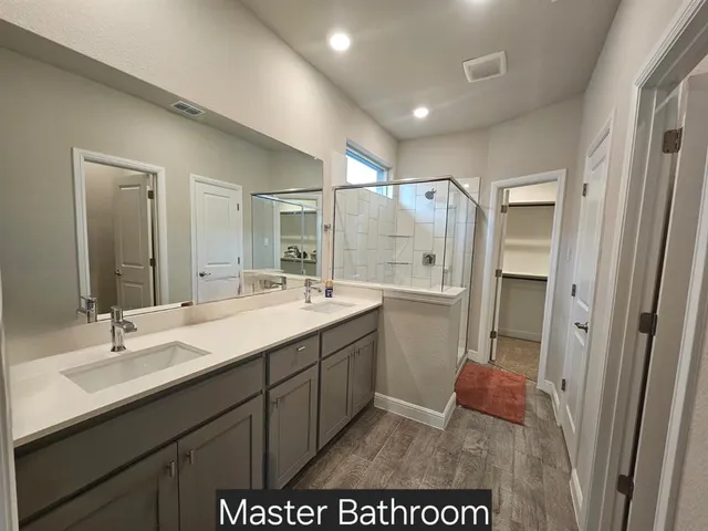 a bathroom with a sink mirror and a shower