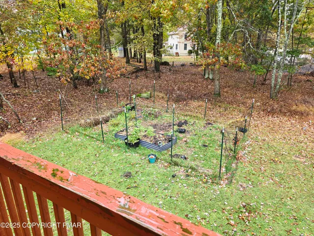 a view of a yard with wooden fence