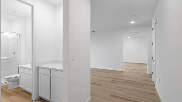 a view of a bathroom with wooden floor