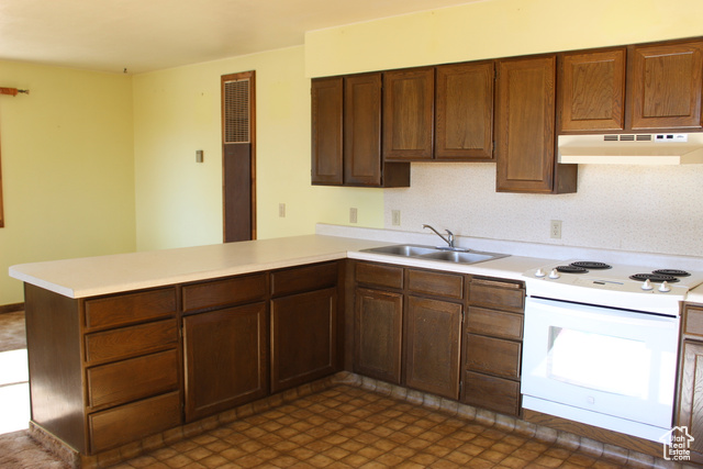 4709 East Independence Road Myton, UT 84052 - Photo 4 of 27 Kitchen featuring electric stove, a peninsula, light countertops, and under cabinet range hood