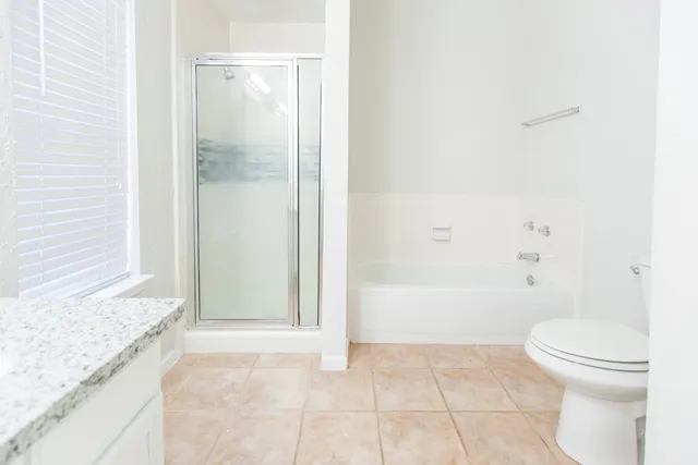 a bathroom with a granite countertop sink a toilet and shower