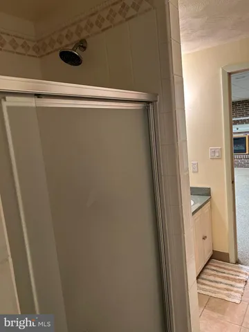 a bathroom with a shower and a sink