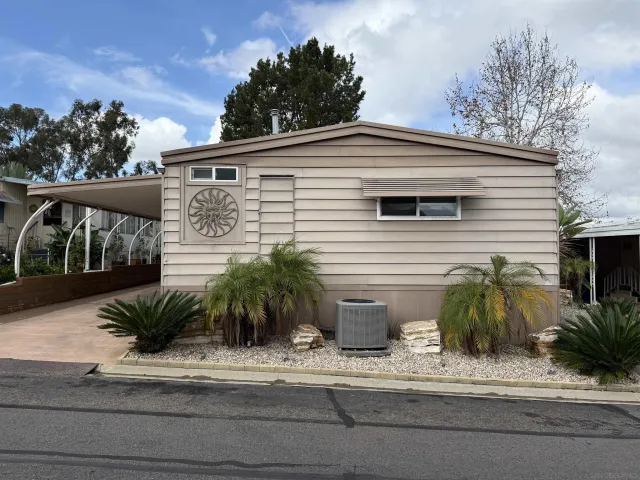 a palm tree sitting in front of a house