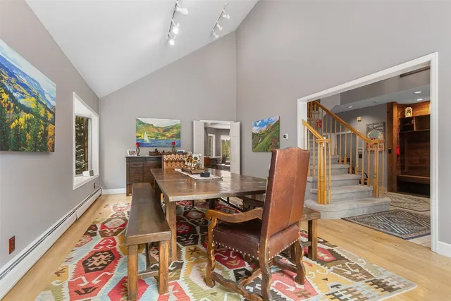 a view of a dining room with furniture