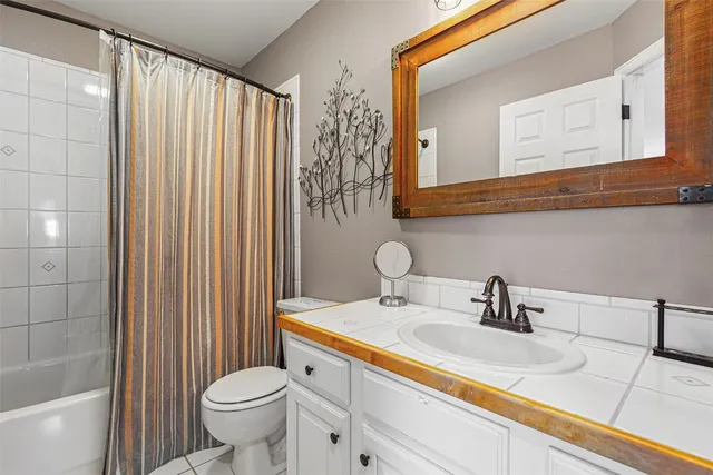 a bathroom with a sink a toilet and shower curtain